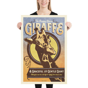 Vintage style humorous African Giraffe art print with ornate typography and graphics inspired by old travel, and wildlife posters of the 1930s 40s and 50s. Print shows an African Giraffe within a graphic circle and a humorous thought. Size 24"x36"