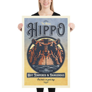Vintage style humorous African Hippopotamus art print with bold typography and graphics inspired by old travel, and wildlife posters of the 1930s 40s and 50s. Print shows a Hippo rising out of the water surrounded by graphics.  24"x36"