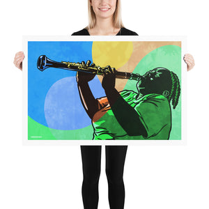 An upbeat and colorful print of New Orleans Jazz Clarinetist Doreen Kethchens. Bold graphic lines and bright colorful shapes create an energetic portrait of the black musician.  Size 36"x24"