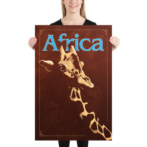 Bold graphic giclée art print of an African Giraffe. Print shows an African Giraffe blending into a dark background and overlapping the word “Africa”. Size 24" x 36"