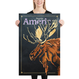 Bold graphic giclée art print of a North American Moose. Print shows a North American Moose blending into a dark gray Bluegreen background and overlapping the words “North America”. Size 24" x 36"