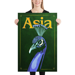 Bold graphic giclée art print of an Asian Peacock. Print shows an Asian Peacock blending into a dark green background and overlapping the word “Asia”. Size 12" x 18"