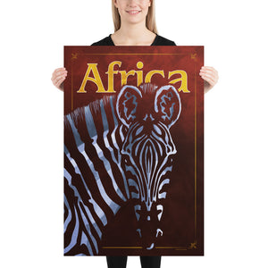 Bold graphic giclée art print of an African Zebra. Print shows an African Zebra blending into a dark background and overlapping the word “Africa”. Size 24" x 36"