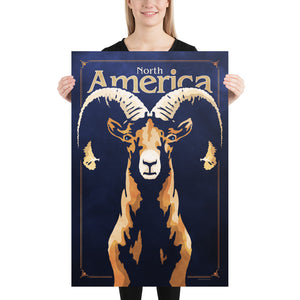 Bold graphic giclée art print of a North American Bighorn Sheep. Print shows a North American Bighorn Sheep blending into a dark blue background and overlapping the words “North America”. Size 24" x 36"