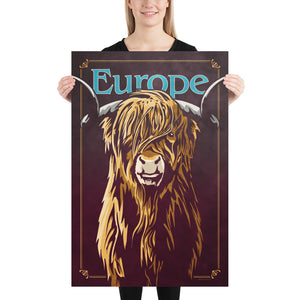 Bold graphic giclée art print of a European Highland Cow. Print shows a European Highland Cow blending into a dark purple background and overlapping the word “Europe”. Size 24" x 36"
