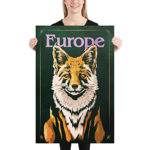 Bold graphic giclée art print of a European Red Fox. Print shows a European Red Fox blending into a dark green background and overlapping the word “Europe”. Size 24" x 36"