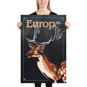 Bold graphic giclée art print of a European Fallow Deer. Print shows a European Fallow Deer blending into a dark blueish green background and overlapping the word “Europe”. Size 24" x 36"