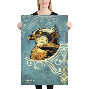 Bold graphic giclée art print of an Osprey. Print is a portrait of an Osprey adorning the top of a beautiful graphic ornament on a blue green background with the word “Osprey” below. Size 24" x 36"