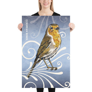 Bold graphic giclée art print of a European Robin. Print is a portrait of a European Robin perched atop a beautiful graphic ornament on a blue background with the words “European Robin” in the upper left corner. Size 24" x 36"