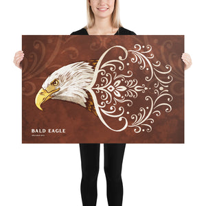 Bold graphic giclée art print of a Bald Eagle. Print is a portrait of a Bald Eagle soaring next to a beautiful graphic ornament on a red background with the words “Bald Eagle” below. Size 36" x 24"