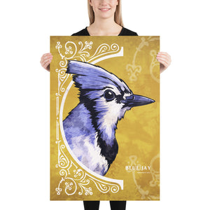 Bold graphic giclée art print of a Blue Jay. Print is a portrait of a Blue Jay next to a beautiful graphic ornament on a golden yellow background with the words “Blue Jay” below. Size 24" x 36"