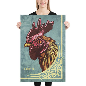 Bold graphic giclée art print of a Rooster. Print is a portrait of a Rooster next to a beautiful graphic ornament on a Blue Green background with the word “Rooster” below. Size 24" x 36"