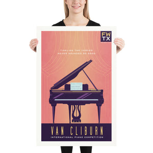 Bold graphic giclée art print of a Grand Piano with the words “Van Cliburn International Piano Competion”. Print is predominately royal blue with a yellow orange background. Size 24" x 36"