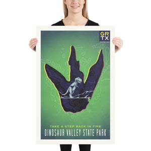 Bold graphic giclée art print of a Dinosaur foot print with T-rex inside and the words “Take a Step Back in Time. Dinosaur Valley State Park”. Print is predominately yellow green with deep purple accents. Size 24" x 36"