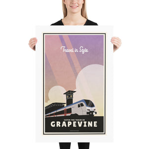 A retro style poster of a Texas Commuter Train with the words “Travel in Style”. Print depicts a modern commuter train passing an iconic clock tower and is bold black with bright colors. There are additional words a the bottom that says “Catch the train in Grapevine”. Size 24" x 36"