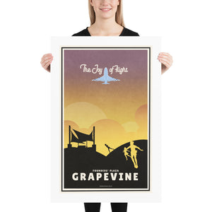 A retro style poster of DFW Airport’s observation area with children playing and an airplane flying overhead. It has the words “The Joy of Flight” at the top. The print primarily in bold black with bright colors. There are additional words a the bottom that says “Founders’ Plaza, Grapevine”. Size 24" x 36"