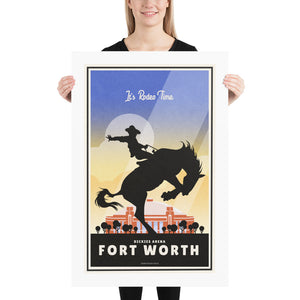 A retro style giclée art print of a Cowboy on a bucking bronco in front of Dickies Arena in Fort Worth, Texas. It has the words “It’s Rodeo Time” at the top. The print primarily is in bold black with bright colors. There are additional words a the bottom that says “Dickies Arean, Fort Worth”. Size 24" x36"