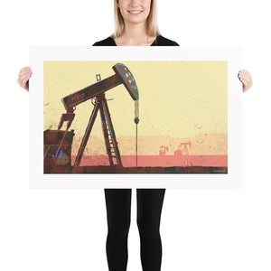 Modern style giclée art print of an Oil Pump in West Texas. The oil pump is gritty and rough, with smaller oil pumps in the background. It’s bright dusty hot background colors, rich foreground colors and gritty texture will make a great impression in any room. Size 18" x 12"