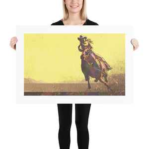Modern style giclée art print of a cowgirl riding a horse on the plains. It is brightly colored, yet has gritty texture overall. There are mountains in the background. Print 24" x 36"
