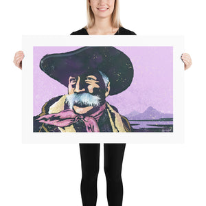 Modern style giclée art print of a cowboy on a cold winter’s day. It is brightly colored, yet has gritty texture overall. There are mountains in the background. Print size 36" x 24"