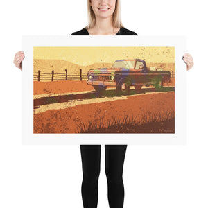 Modern style giclée art print of an old pickup truck in a field. It is brightly colored, yet has gritty texture overall. There is a field and barbed wire fence in the background. Print Size 36" x 24" 