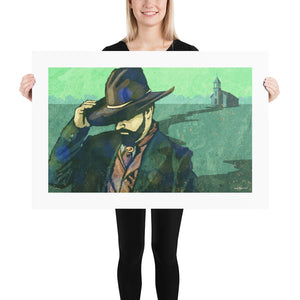 Modern style giclée art print of a Cowboy on Sunday leaving church. It is brightly colored, yet has gritty texture overall. There is a country church in the background. Print Size 36" x 24"