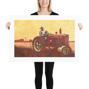 Modern style giclée art print of an old Tractor in a field. It is brightly colored, yet has gritty texture overall. There is a field and farm house with barn in the background. Print Size 36" x 24"