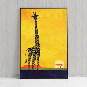 Primitive art print of an African Giraffe on the savannah created in a mid-century modern style with bold gold, red, green and black colors..