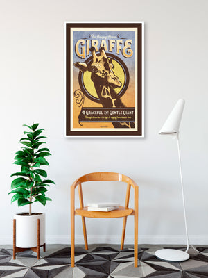 Vintage style humorous African Giraffe art print with ornate typography and graphics inspired by old travel, and wildlife posters of the 1930s 40s and 50s. Print shows an African Giraffe within a graphic circle and a humorous thought.