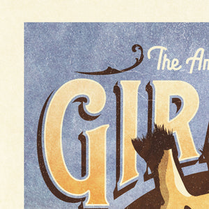 Detail of Vintage style humorous African Giraffe art print with ornate typography and graphics inspired by old travel, and wildlife posters of the 1930s 40s and 50s. Print shows an African Giraffe within a graphic circle and a humorous thought.