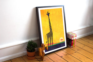 Primitive art print of an African Giraffe on the savannah created in a mid-century modern style with bold gold, red, green and black colors..