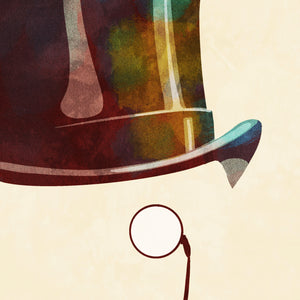 Detail of Colorful portrait of a man’s cowboy hat with a quote from the famous Finnish author and artist/illustrator Tove Jansson — “It looks rather ordinary… Unless you consider that a top hat is always somewhat extraordinary, of course.” Bold graphic shapes in bright colors combined with sophisticated typography and intriguing negative space creates a compelling art piece