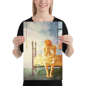 Giclee art print of vintage style portrait of a young woman sitting on bedwith morning light shining through window.