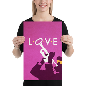 Mid-century style Art Print of a trumpet player with hat and yellow glasses; and the title "L-O-V-E" on a bright magenta background.