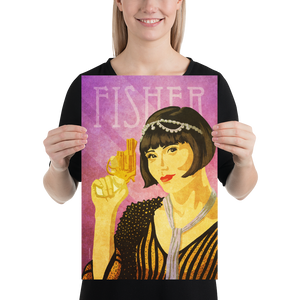Modern art print of Miss Phryne Fisher, lady detective, with her golden revolver..