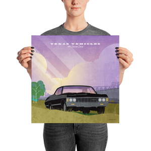 Retro styled art print of Classic 1967 Chevy Impala in field with sun rays and cloudsh clouds 