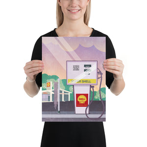 Vintage 1970s Shell Oil Gas Pump modern Art Print with gas station in background..