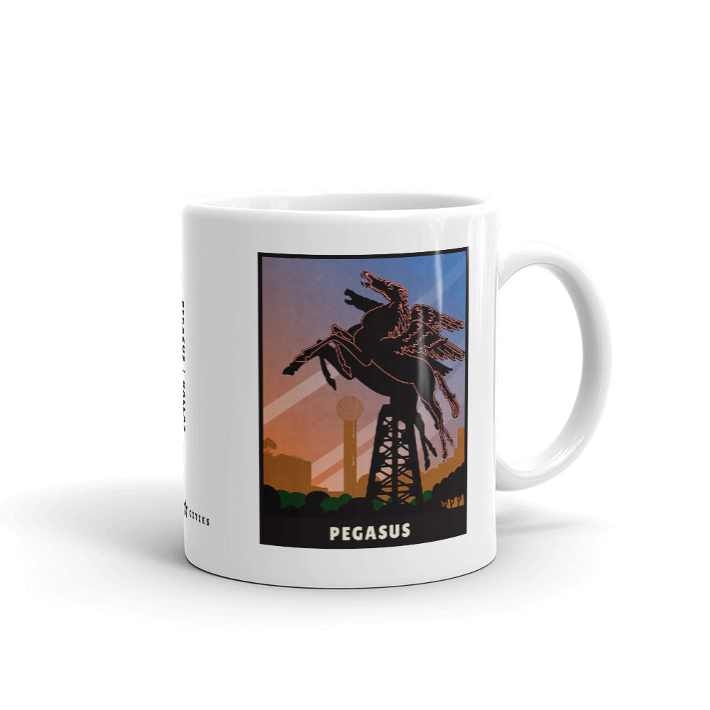 Dallas Pegasus Flying horse white ceramic mug is sturdy and glossy with a vivid print of the winged horse on it. 