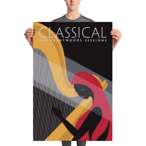 Black graphic art print poster of a red headed harpist with spotlights.