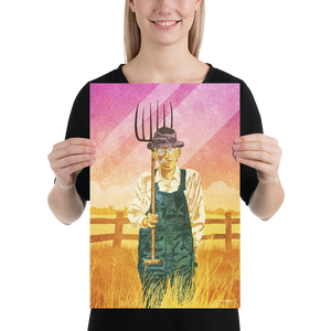 Vintage American giclée art print of an old farmer in overalls, standing in a field holding a pitchfork.