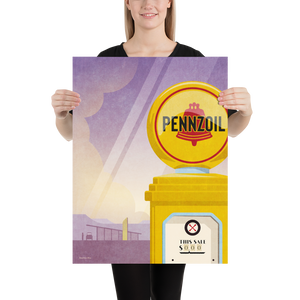 Vintage Pennzoil Gas Pump Art Print featuring the bright yellow pump and mid-century modern style gas station in the background..