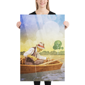 Retro style giclée art print of a man wearing a hat fishing in a row boat with a trotline.
