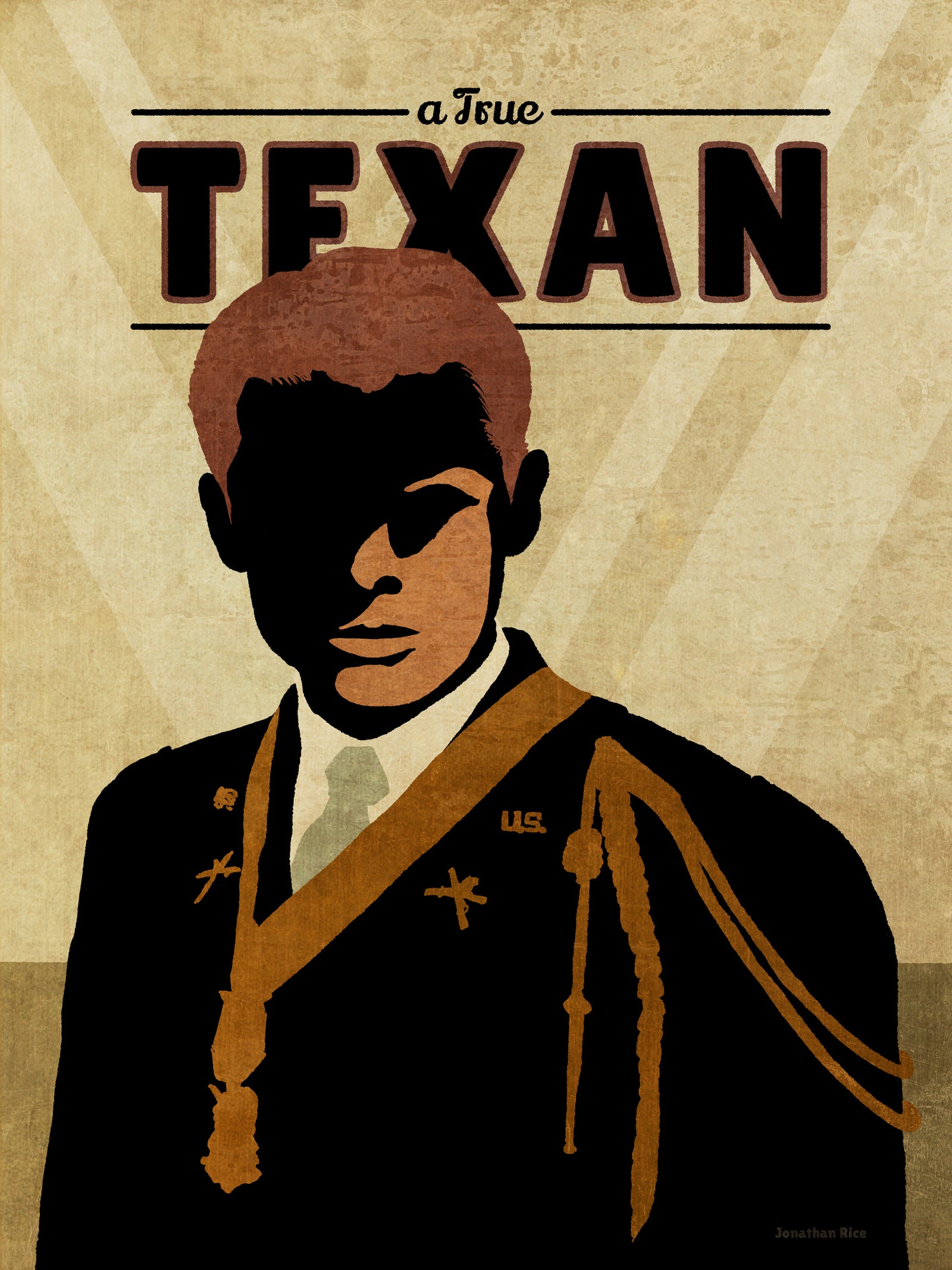 Giclée Art Print of War Hero Audie Murphy. The Vintage style graphic art print uses bold rich blacks and browns. Part of A True Texan Series.