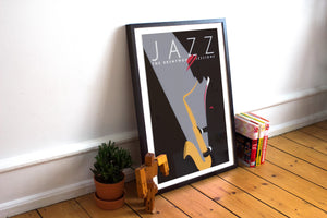 Black graphic giclee art print of male jazz saxophonist with spotlight.