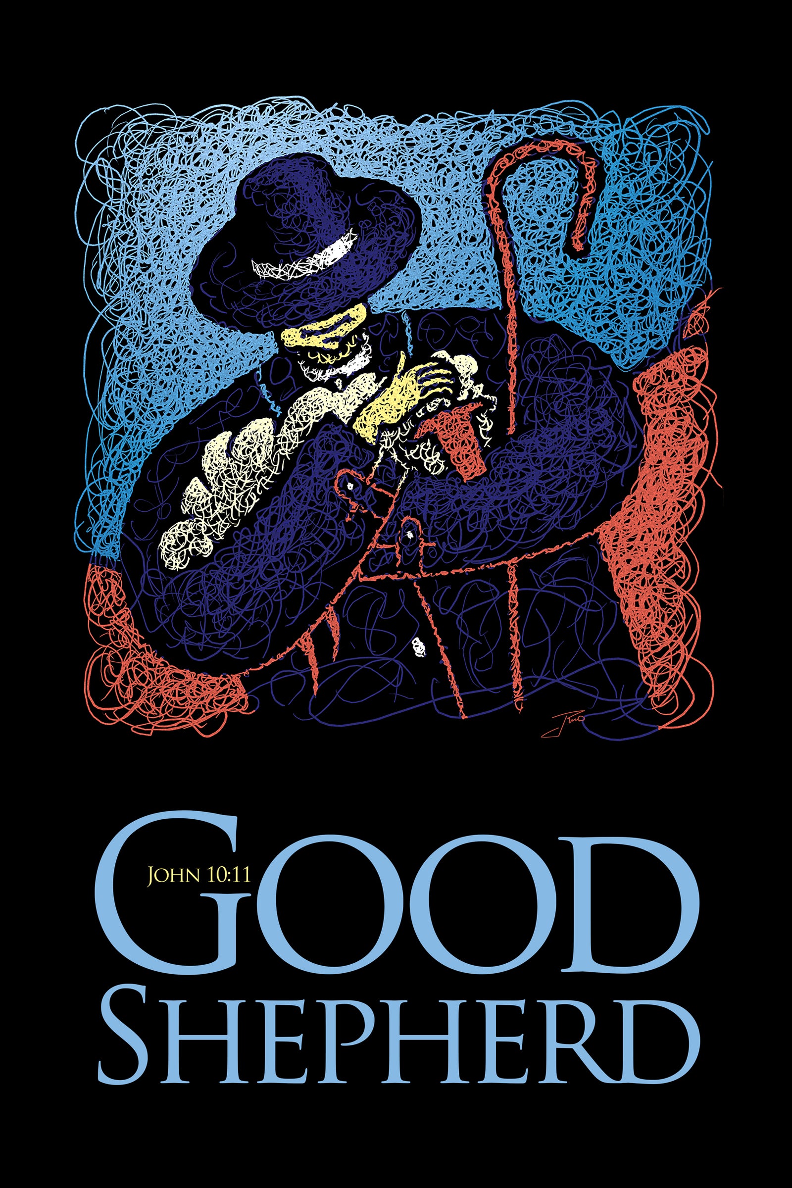 Graphic art print of a shepherd holding a sheep with title "Good Shepherd" John 10:11. 