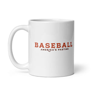 Retro styled ceramic mug with an American Baseball Player swinging a bat and the words “Baseball. America’s Pastime” printed on one side. 