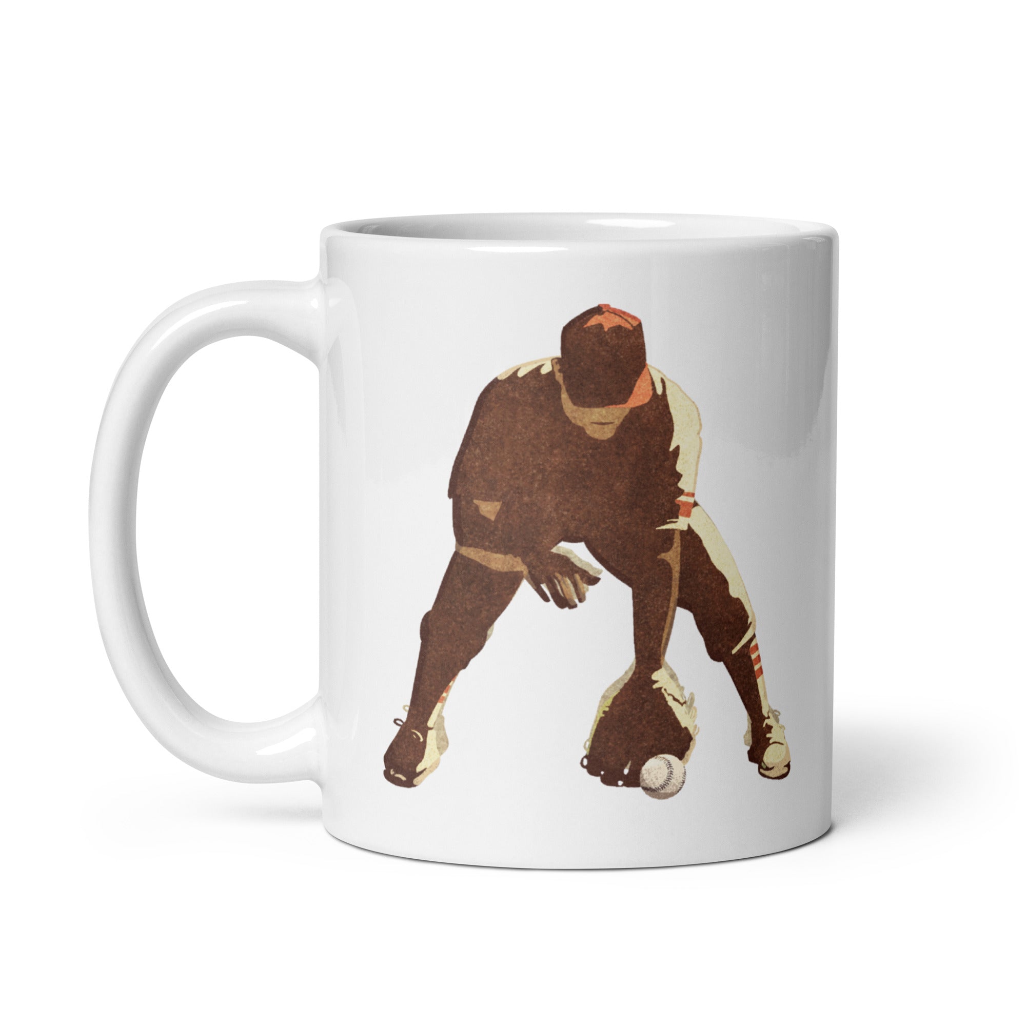 Retro styled ceramic mug with an American Baseball Player catching a ground ball and the words “Baseball. America’s Pastime” printed on one side. 