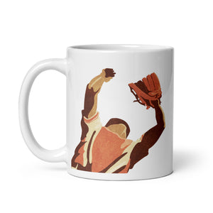 Retro styled ceramic mug with an American Baseball Player catching a fly ball and the words “Baseball. America’s Pastime” printed on one side. 