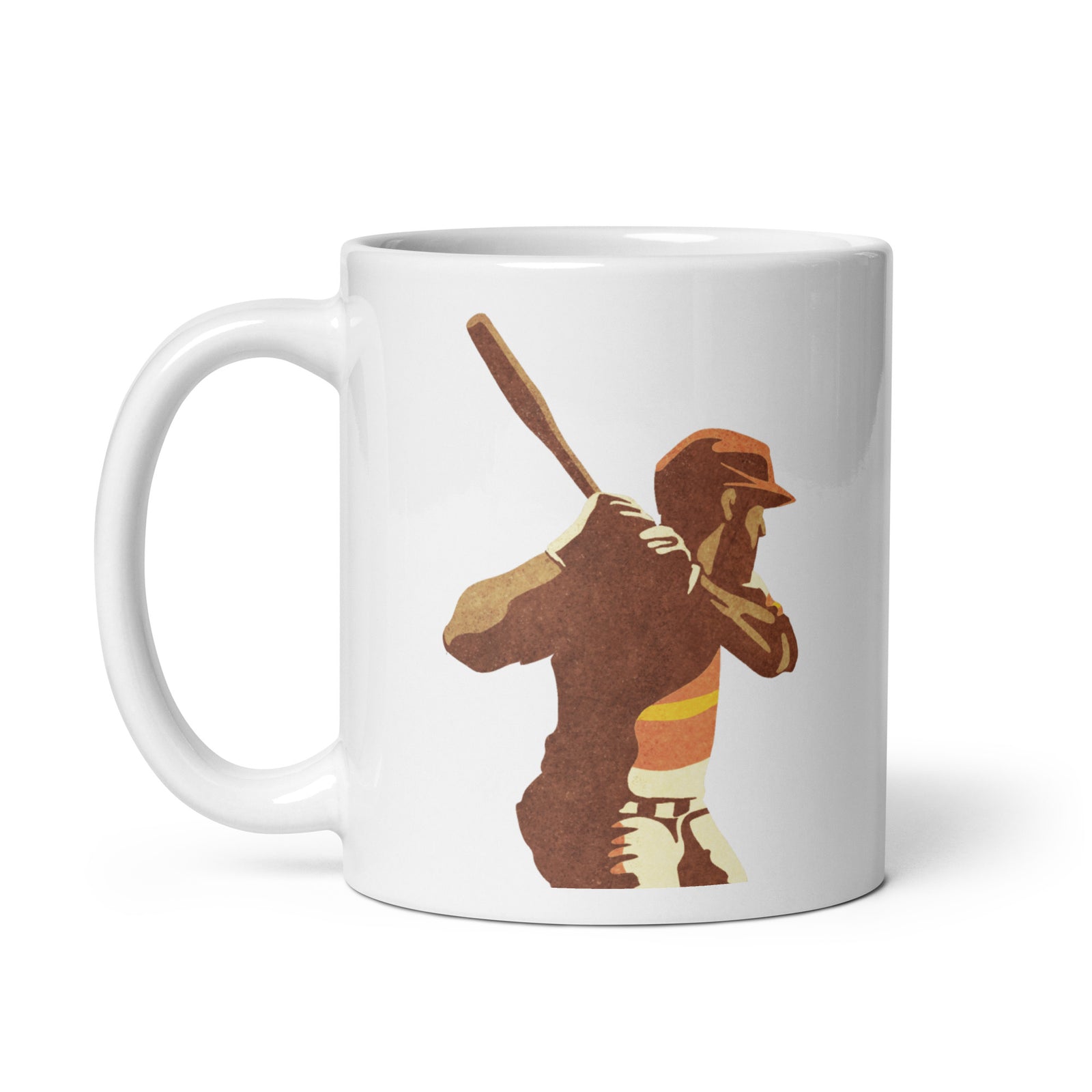 Retro styled ceramic mug with an American Baseball Player at home plate about to swing and the words “Baseball. America’s Pastime” printed on one side. 