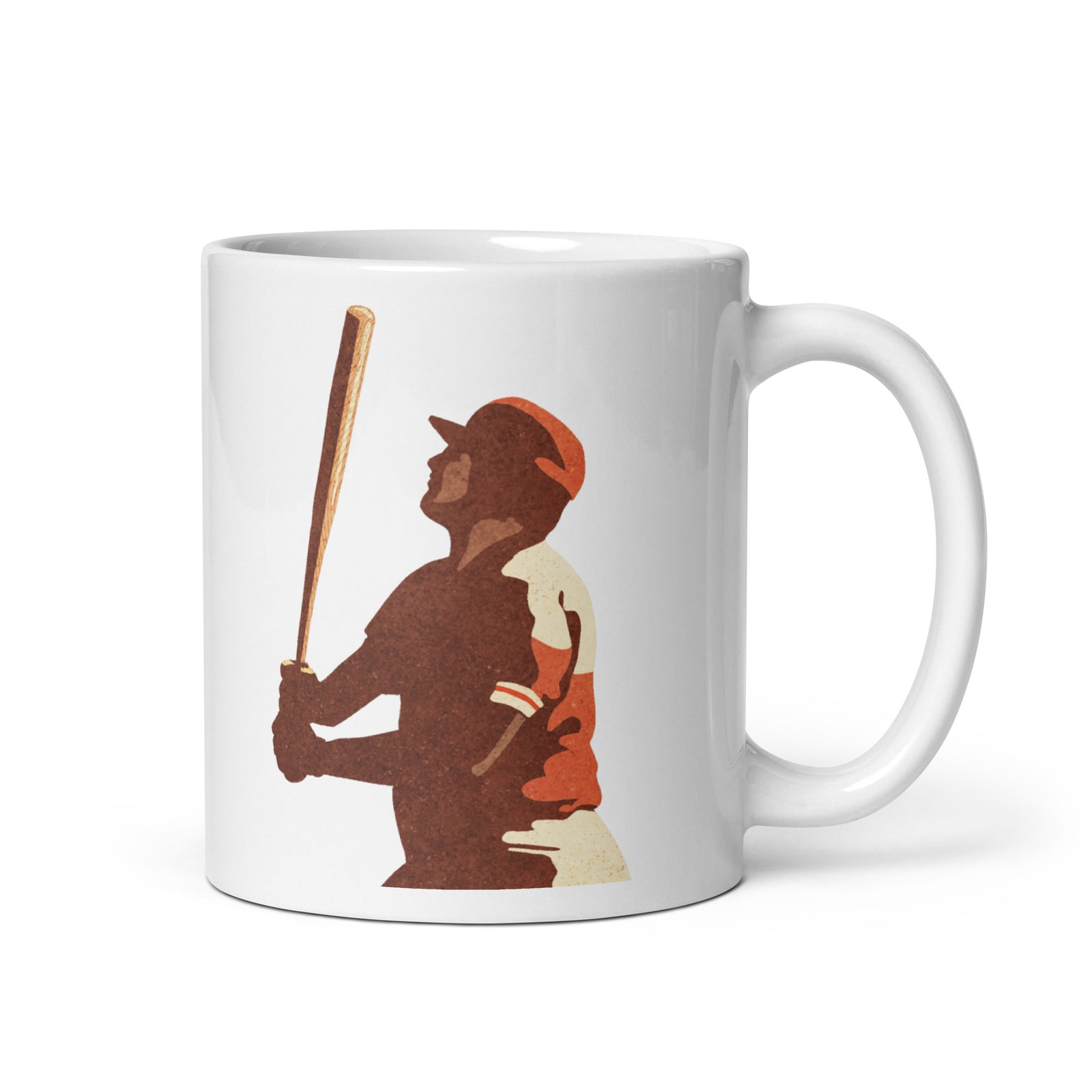 Retro styled ceramic mug with an American Baseball Player swinging a bat and the words “Baseball. America’s Pastime” printed on one side. 